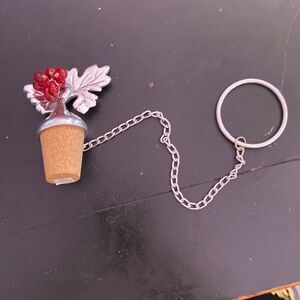 Maple Leaf Silvertone Wine Bottle Cork Stopper Red Bead w/ Bottle Neck Loop
